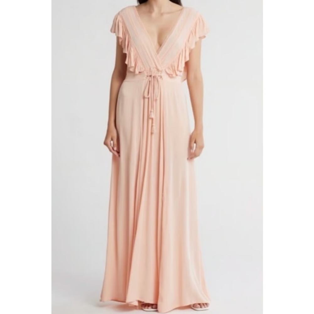 Lovestitch Deep V‎ Neck Ruffled Cinch Waist Tie Maxi Dress Sorbet Size Small
